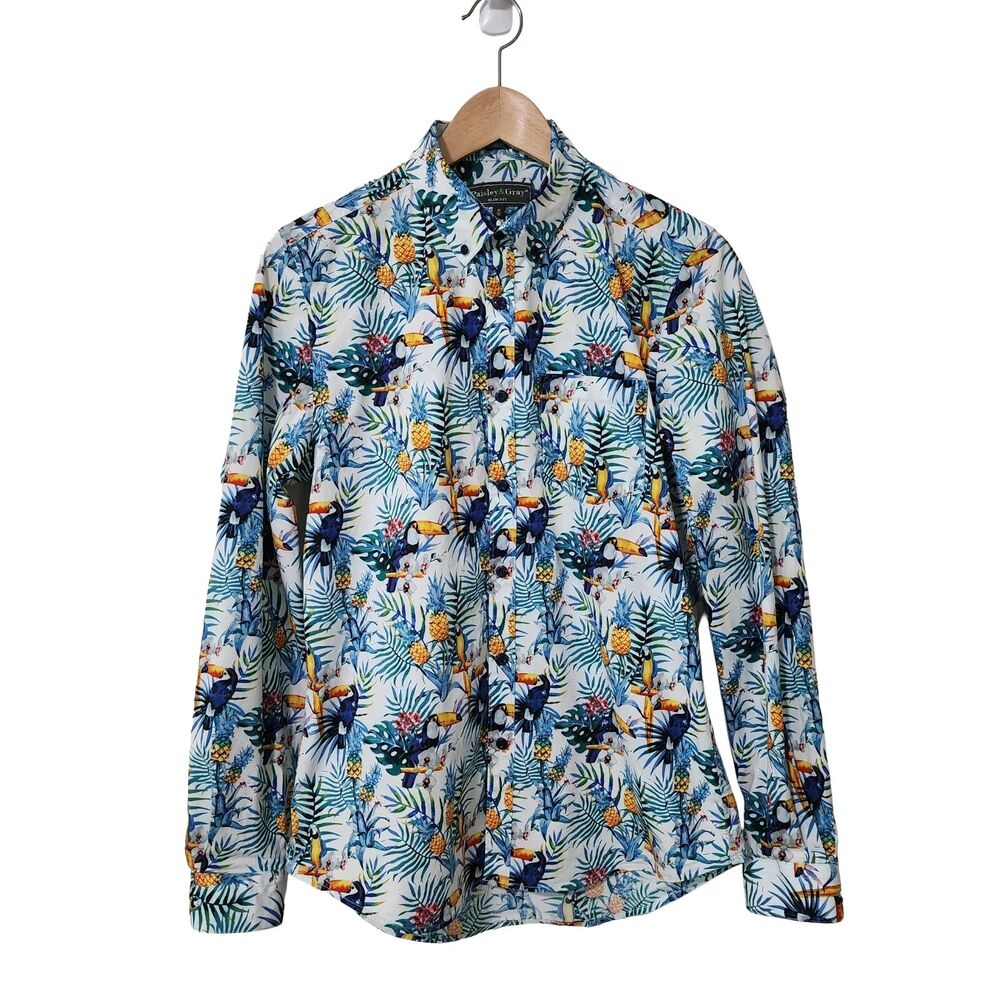 Paisley & Gray Shirt Mens M 16 Slim Fit Tropical Toucan Pineapple Button-Up EUC